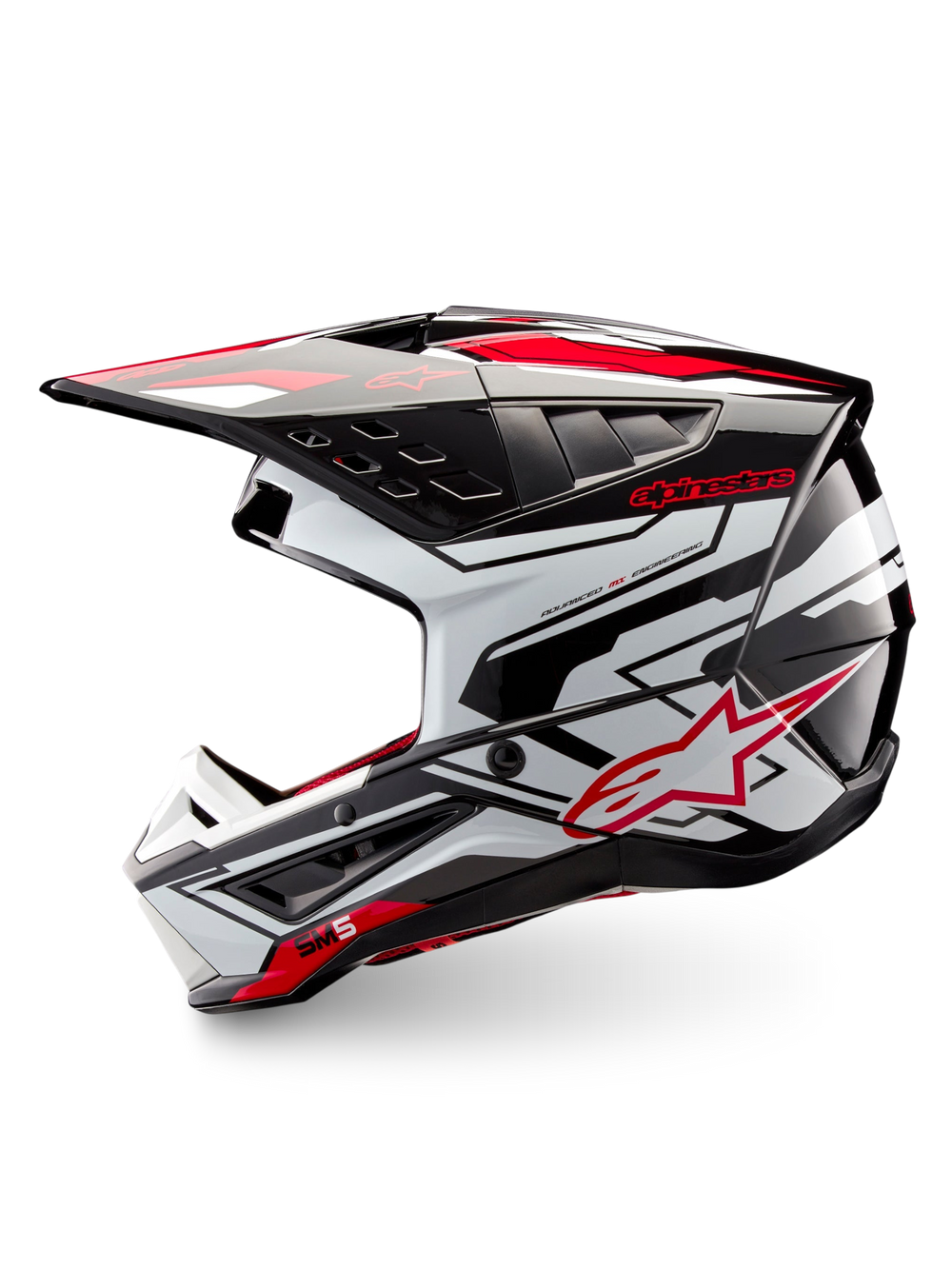 Alpinestars S-M5 Action 2 Helmet, black, white and bright red glossy motocross helmet, side view with peak and ventilation details