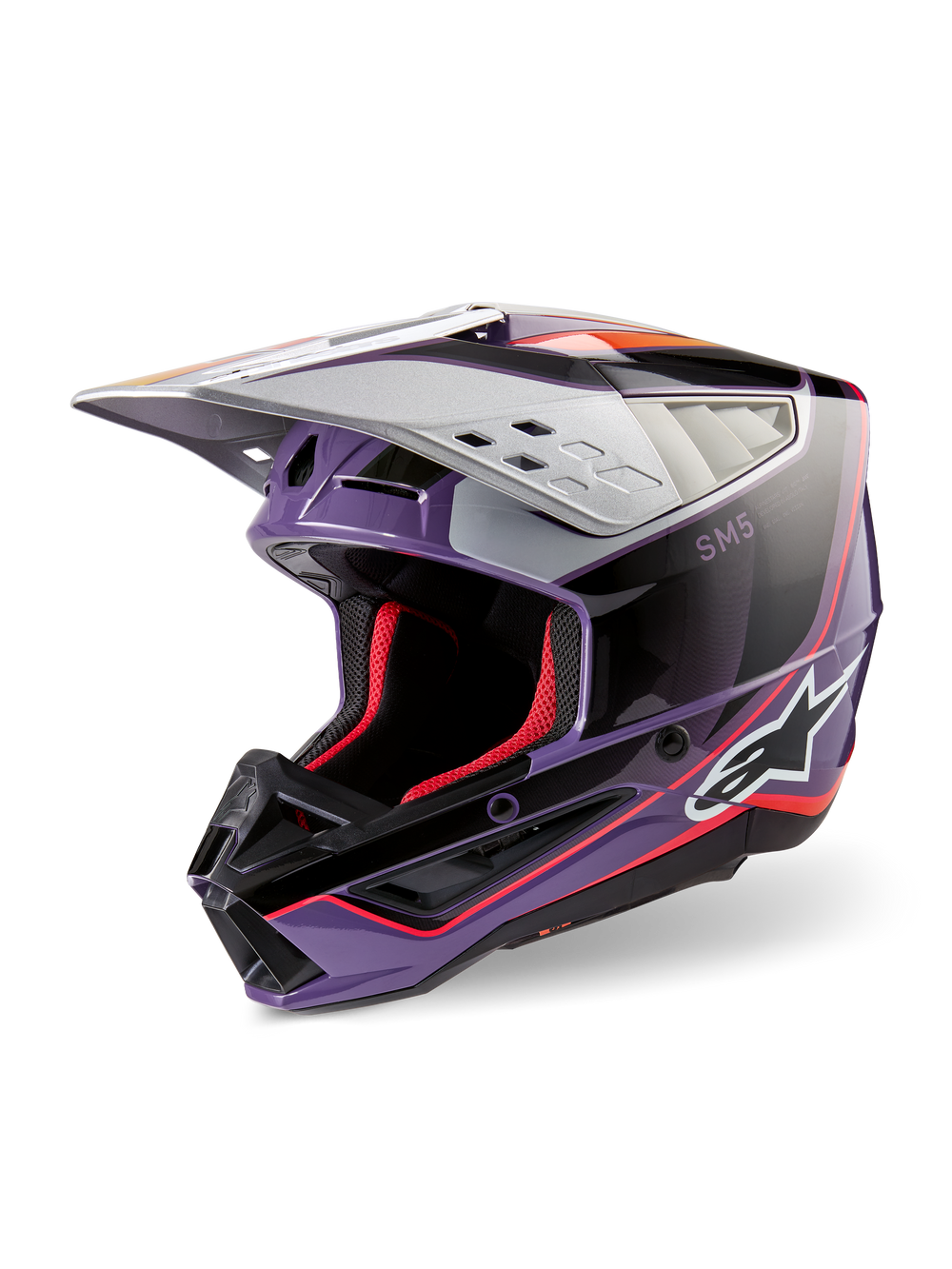 Alpinestars S-M5 Sail Helmet ECE, Motocross Helmet, Violet Black and Silver Glossy, featuring red interior padding and accents, glossy finish with bold Alpinestars logo, aerodynamic silver visor, professional off-road protective gear
