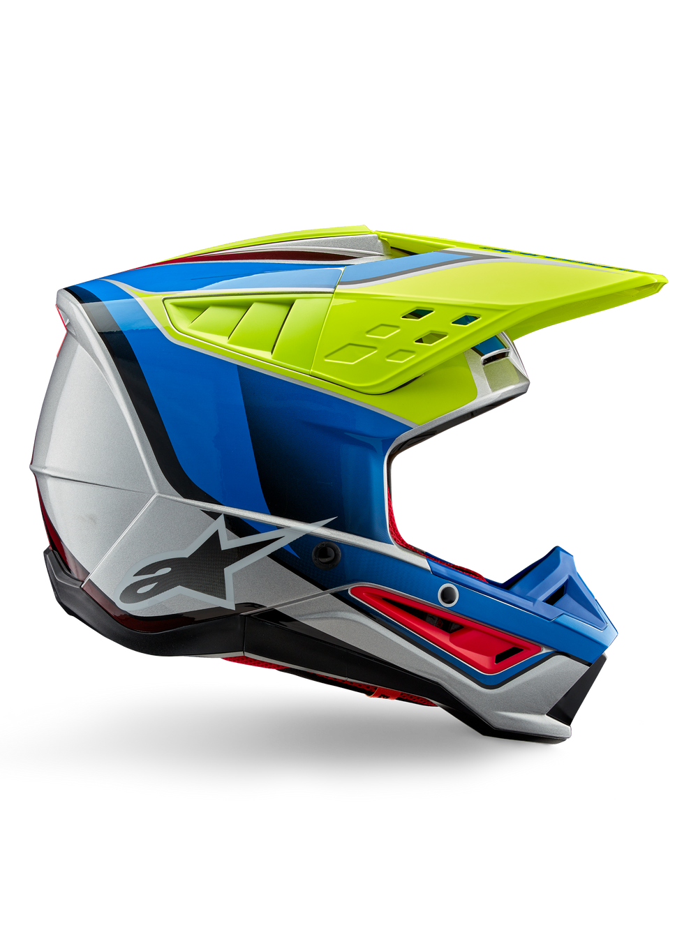 Alpinestars S-M5 Sail Helmet ECE, Motocross Helmet, Yellow Fluo, Enamel Blue, and Silver Glossy, side profile with red accents and black star logo, angular design with ventilation ports, professional off-road racing protection