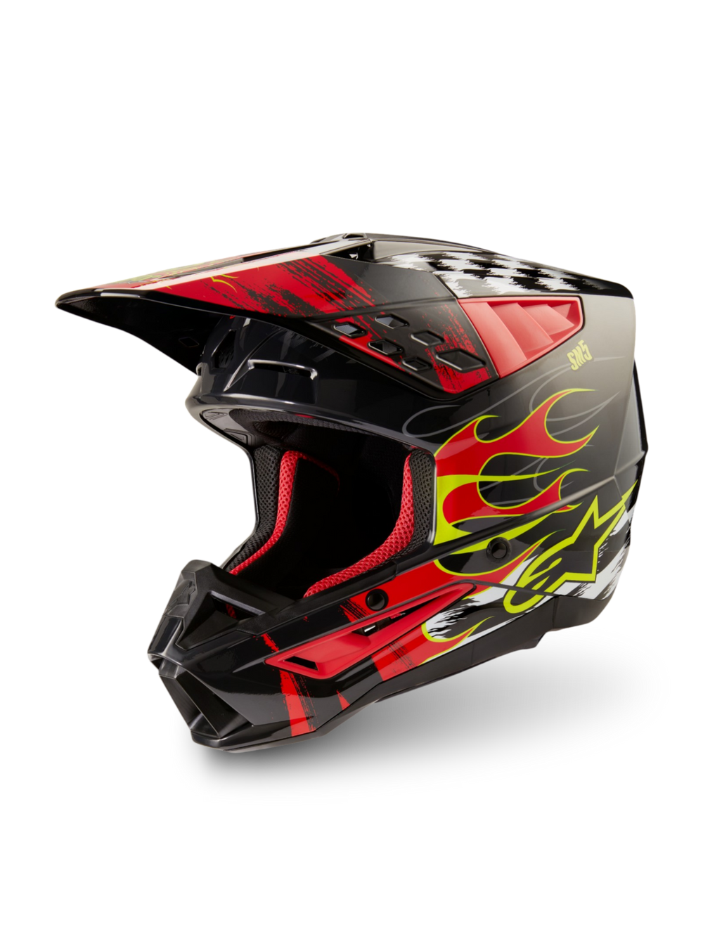 Alpinestars S-M5 Rash Helmet, Motocross racing helmet in dark gray and bright red with glossy finish and flame graphics.