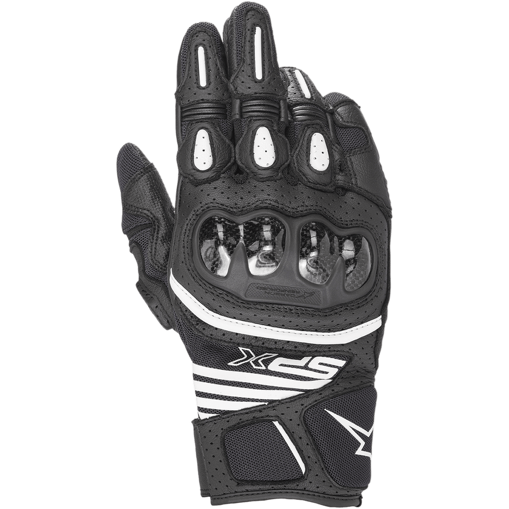 Alpinestars SPX AC V2 Gloves, Short-Cuff Motorcycle Gloves, Black and White, featuring glossy carbon knuckle protection, perforated leather and mesh for ventilation, white TPR finger inserts, and sporty SPX branding