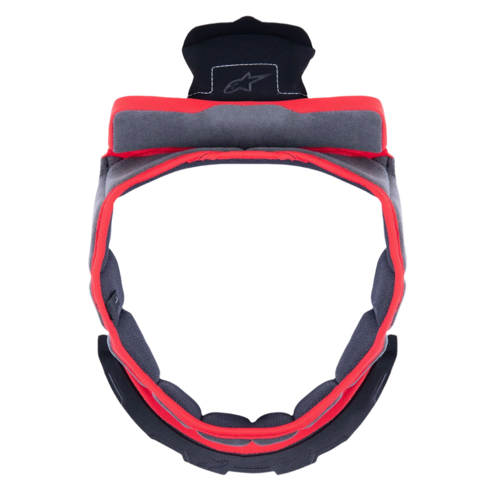 Alpinestars Supertech R10 Crown Pad, Gray replacement helmet interior padding, circular shape with red trim and gray fabric, featuring black plastic attachment components with the Alpinestars logo, designed for motorcycle helmet comfort and fit customization.