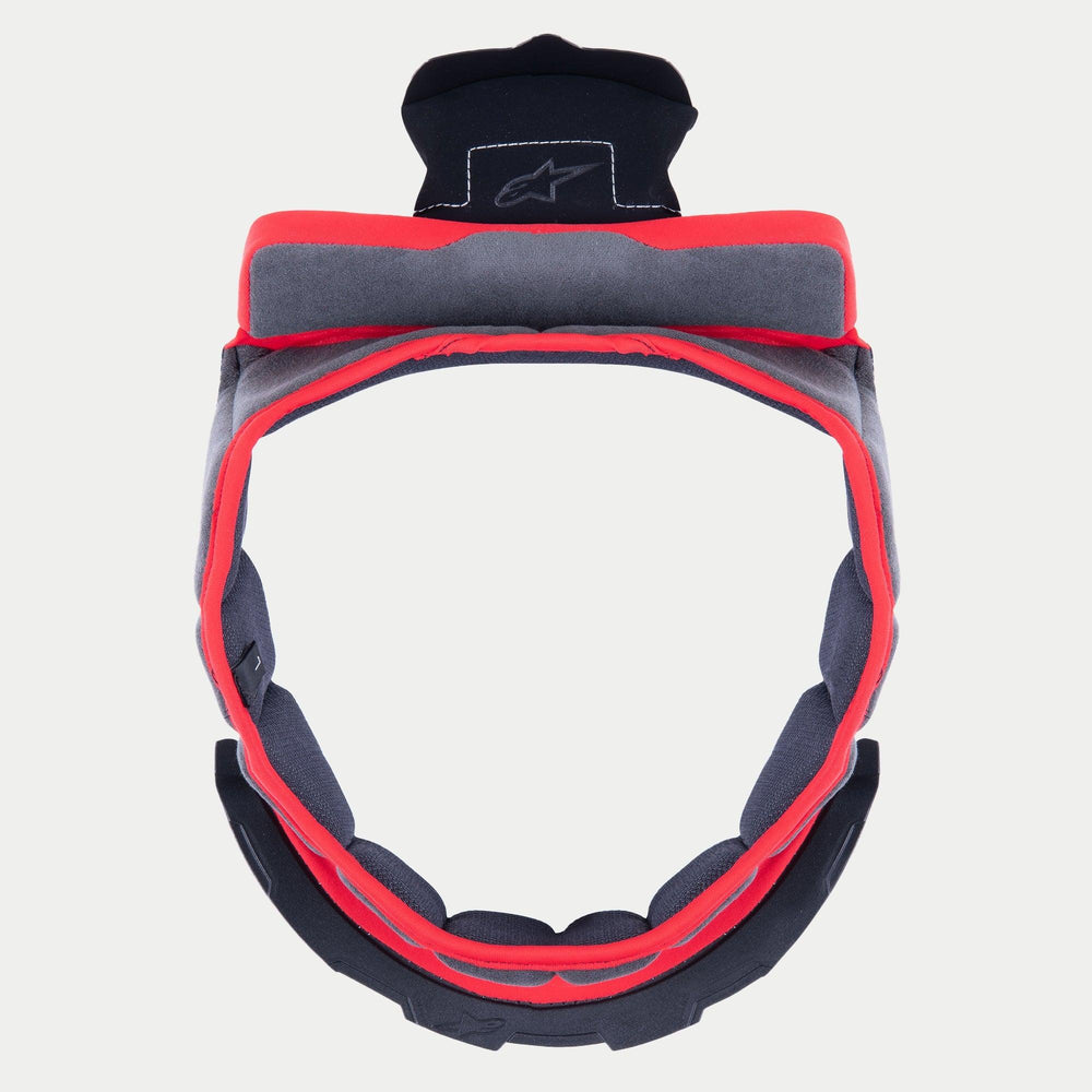 Alpinestars Supertech R10 Crown Pad, Replacement Helmet Interior Padding, Gray soft fabric with Red trim and Black attachment tabs, circular design for S-R10 helmets, featuring embroidered star logo on top tab.