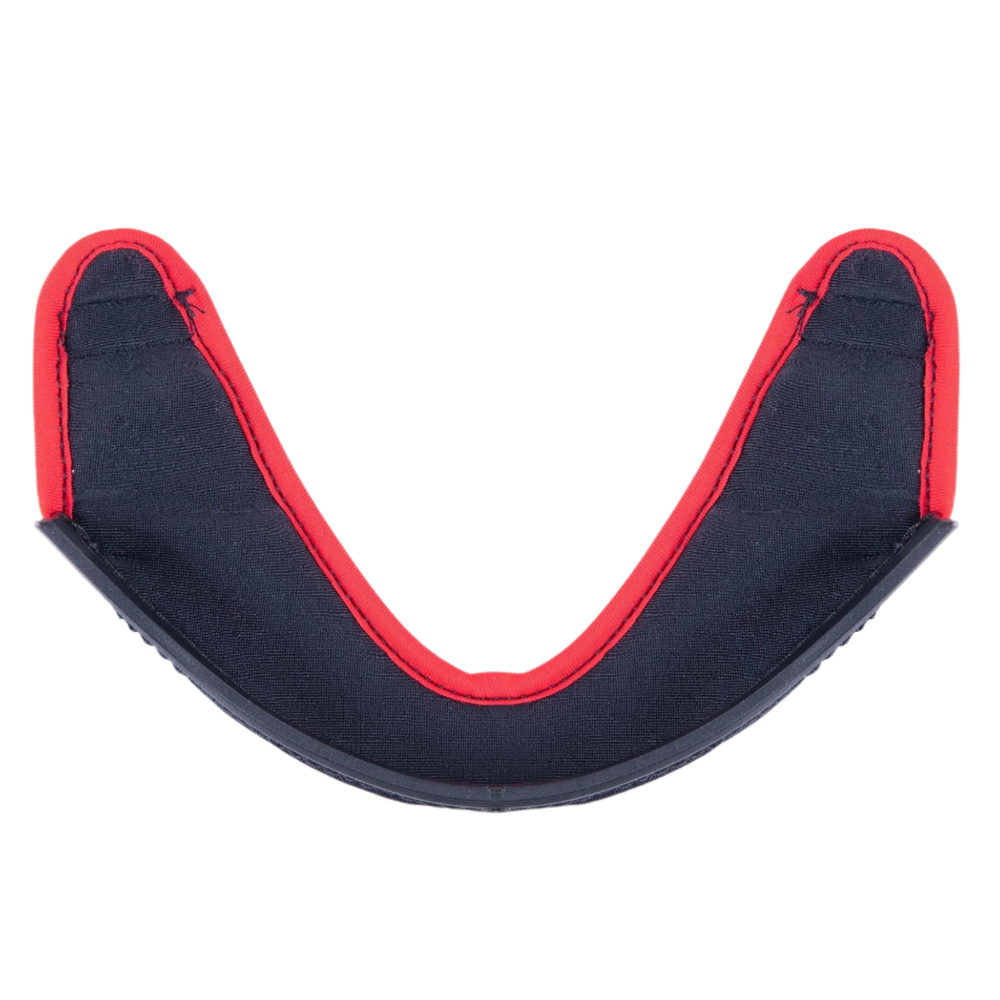 Alpinestars Supertech R10 Chin Curtain, Helmet Accessory, dark gray fabric with a prominent red stitched border and a curved black plastic edge, official replacement part for S-R10 helmets