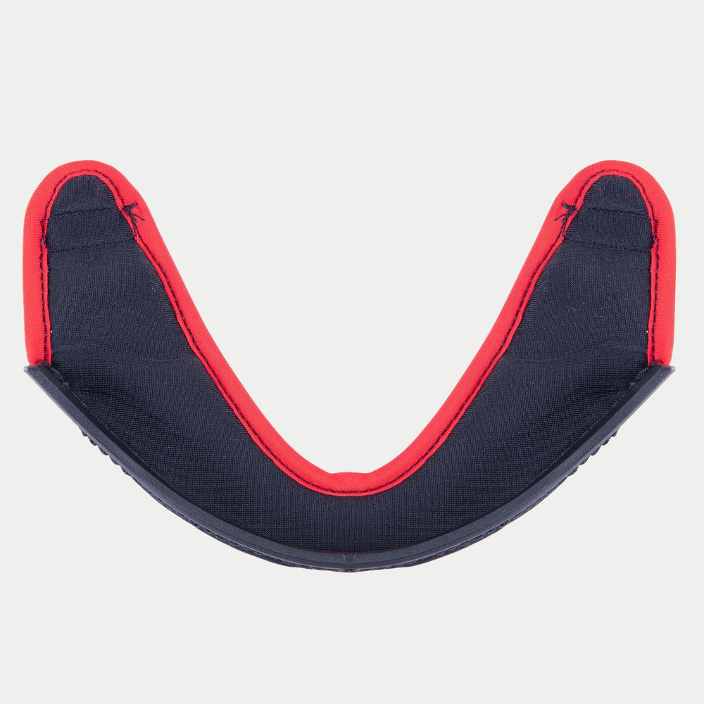 Alpinestars Supertech R10 Chin Curtain, helmet accessory, black fabric with bright red trim, curved U-shape design, official replacement part for S-R10 motorcycle helmets
