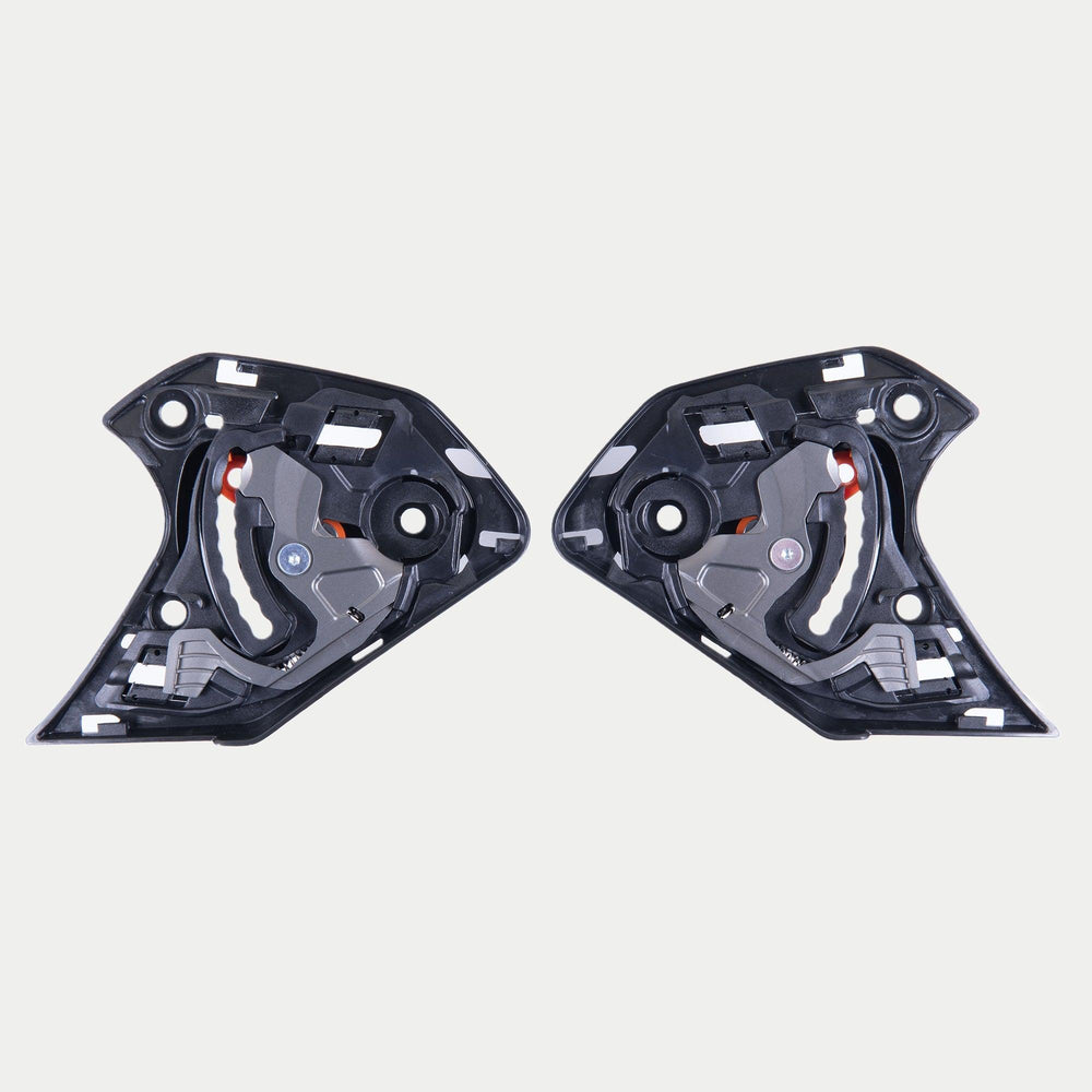 Alpinestars Supertech R10 Shield Mechanism, Helmet Accessory, Black, pair of replacement visor mechanisms for S-R10 helmets, intricate black plastic components with visible metal and orange mechanical parts, essential hardware for helmet shield operation.