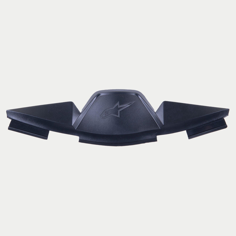 Alpinestars Supertech R10 Breath Deflector, Black Helmet Accessory, featuring an embossed star logo and angular geometric design for airflow management and visor fog reduction