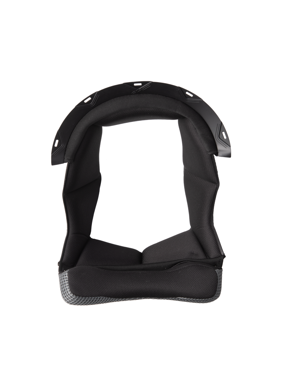 Alpinestars S-M7 Crown Pad, Black helmet liner with U-shaped design, cushioned interior with textured fabric, grey mesh material border, plastic snap-connection points, motorcycle helmet comfort and protection padding