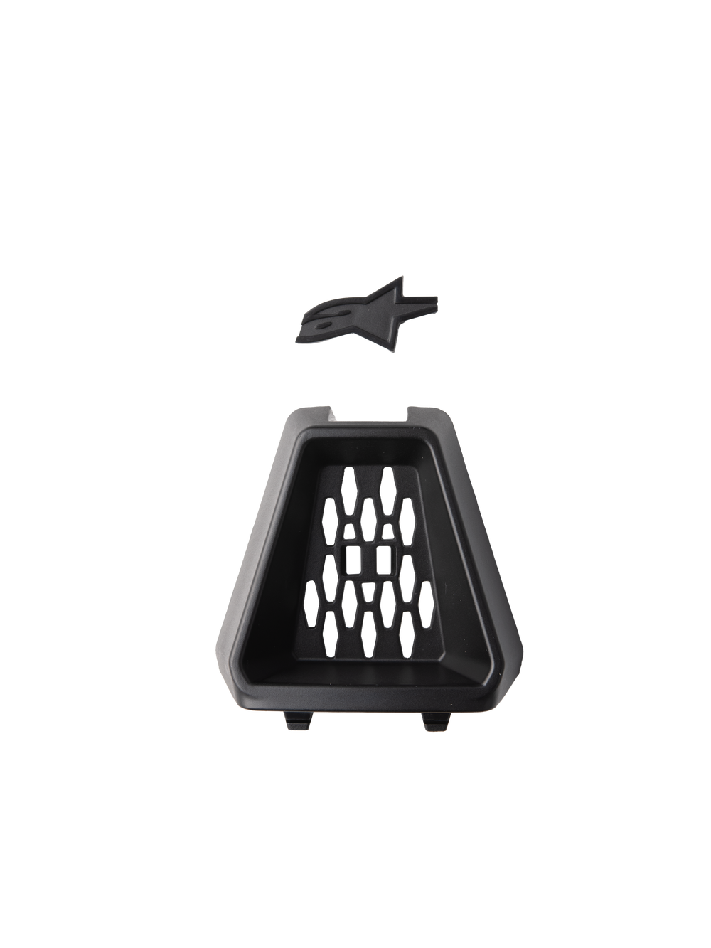 Alpinestars S-M3 Chin Vent, Helmet Accessory, Black, official replacement part featuring a trapezoidal plastic vent with a honeycomb pattern and a separate black Astars logo insert, designed for off-road motorcycle helmets.