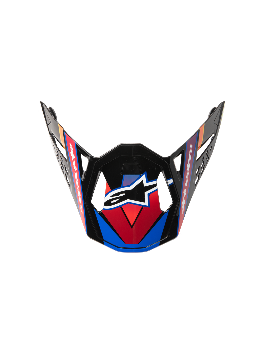 Supertech M10 Era Visor, Motocross Helmet Replacement Visor, Blue Red and Yellow Fluo, glossy black finish with angular graphics, central white star logo, and aerodynamic vent cutouts