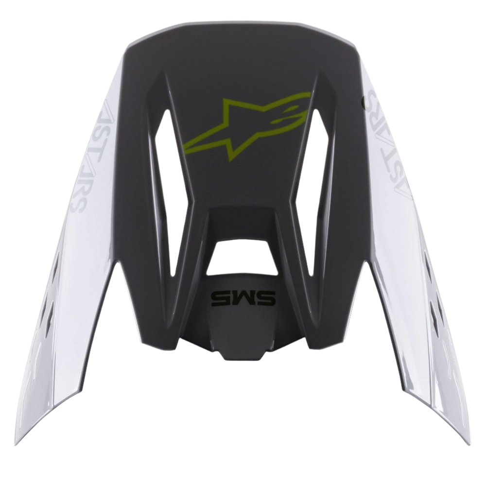 Alpinestars S-M5 Bond Visor, Helmet Accessory, Silver Yellow Fluo Glossy, dark grey central section with a yellow fluo logo, silver side panels featuring Astars branding, glossy finish, replacement peak for S-M5 motocross helmets