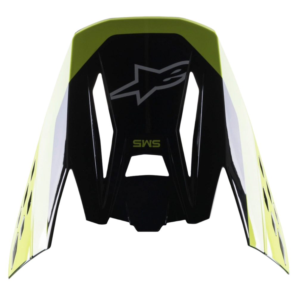 Alpinestars S-M5 Beam Visor, Helmet Accessory, Black and Yellow Fluo Glossy, featuring Alpinestars star logo and SM5 branding, replacement peak for motocross helmets