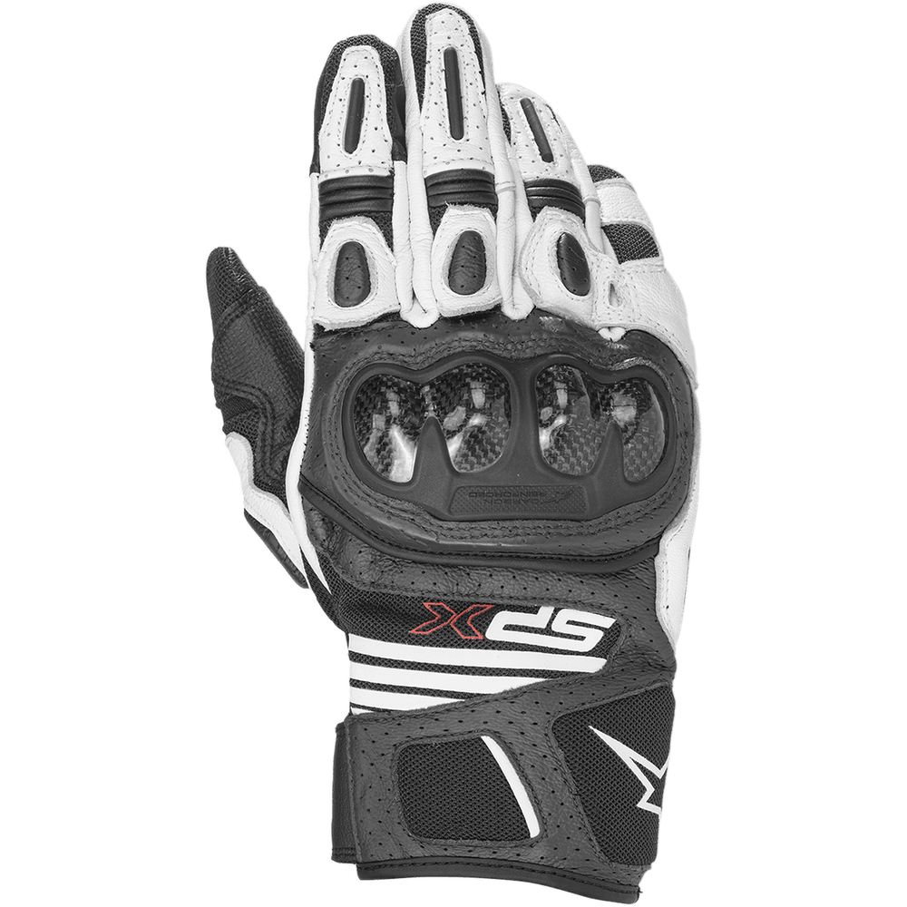 Alpinestars SPX AC V2 Gloves, Motorcycle Racing Gloves, Black and White, featuring carbon fiber knuckle protection, perforated leather and mesh ventilation panels, and red SPX branding on the cuff