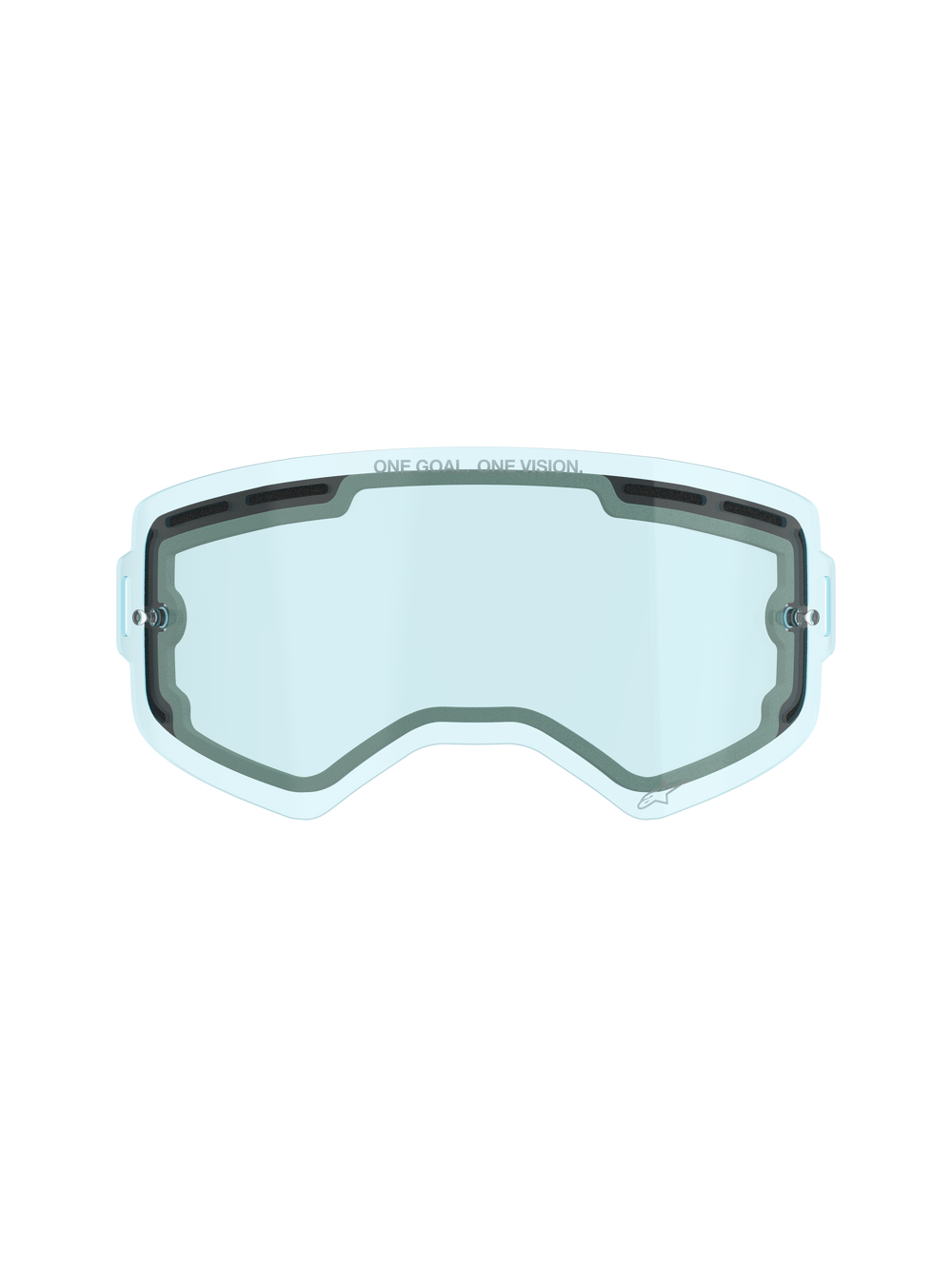 Alpinestars Supertech Dual Pane Vented Lens, Motocross Goggle Replacement Lens, Blue tint, featuring dual-pane polycarbonate construction, black foam seal, top and side ventilation ports, 'ONE GOAL. ONE VISION.' branding, anti-fog performance for off-road racing