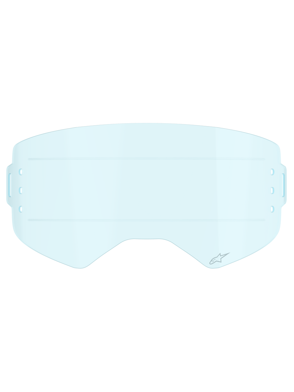 Alpinestars Supertech Roll Off Lens, Motocross Goggle Accessory, Clear Blue, transparent light blue polycarbonate lens featuring horizontal glide lines for smooth film movement and side mounting slots for roll-off systems.