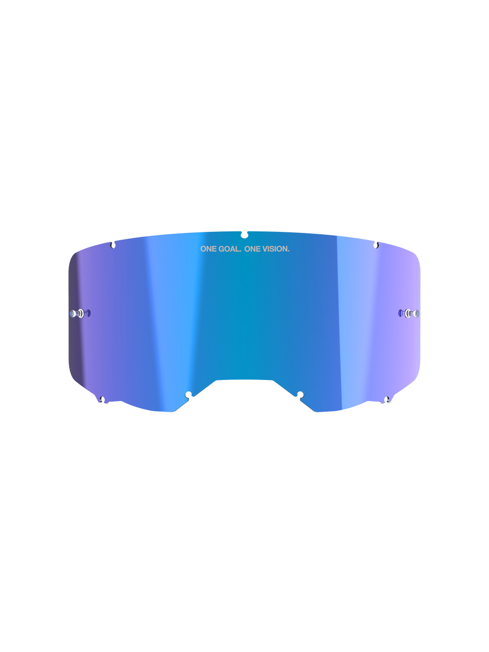 Alpinestars Vision 8-5-3 Mirror Lens, Goggle Accessory, Mirror Blue with purple gradient, reflective mirror finish, featuring 'ONE GOAL. ONE VISION.' branding, curved polycarbonate design with attachment notches and tear-off posts for motocross goggles
