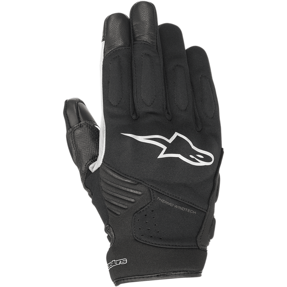 Alpinestars Faster Gloves, Black motorcycle gloves with white logo, featuring Thermo Windtech technology, padded knuckles, and multi-material softshell construction, short cuff urban design.
