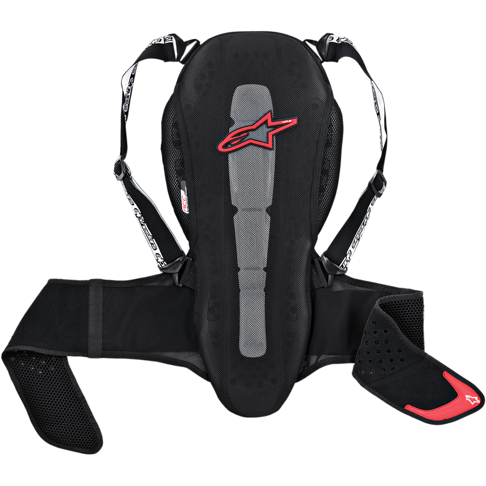 Alpinestars Nucleon Kr-2 Back Protector, Motorcycle Back Protection, Black with Red Star Logo, Mesh Construction with Gray Central Panel, Adjustable Shoulder Straps and Waist Belt, Ergonomic Design with Perforated Side Pads