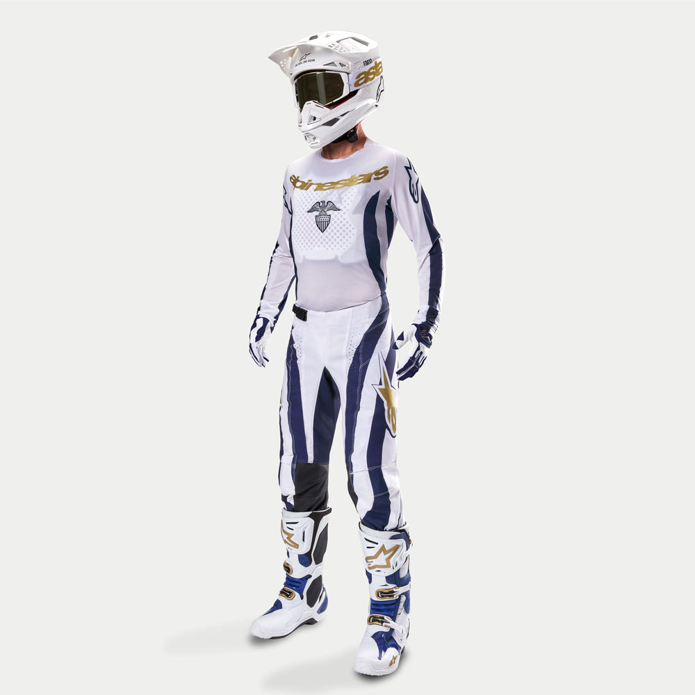 Alpinestars Techstar Dress Whites Tropical LE Jersey, Motocross Racing Gear, Men's, White, Dark Blue, and Gold.