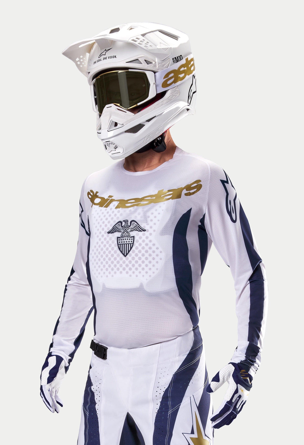 Alpinestars Techstar Dress Whites Tropical LE Jersey, white and dark blue motocross jersey for men with gold eagle graphic.