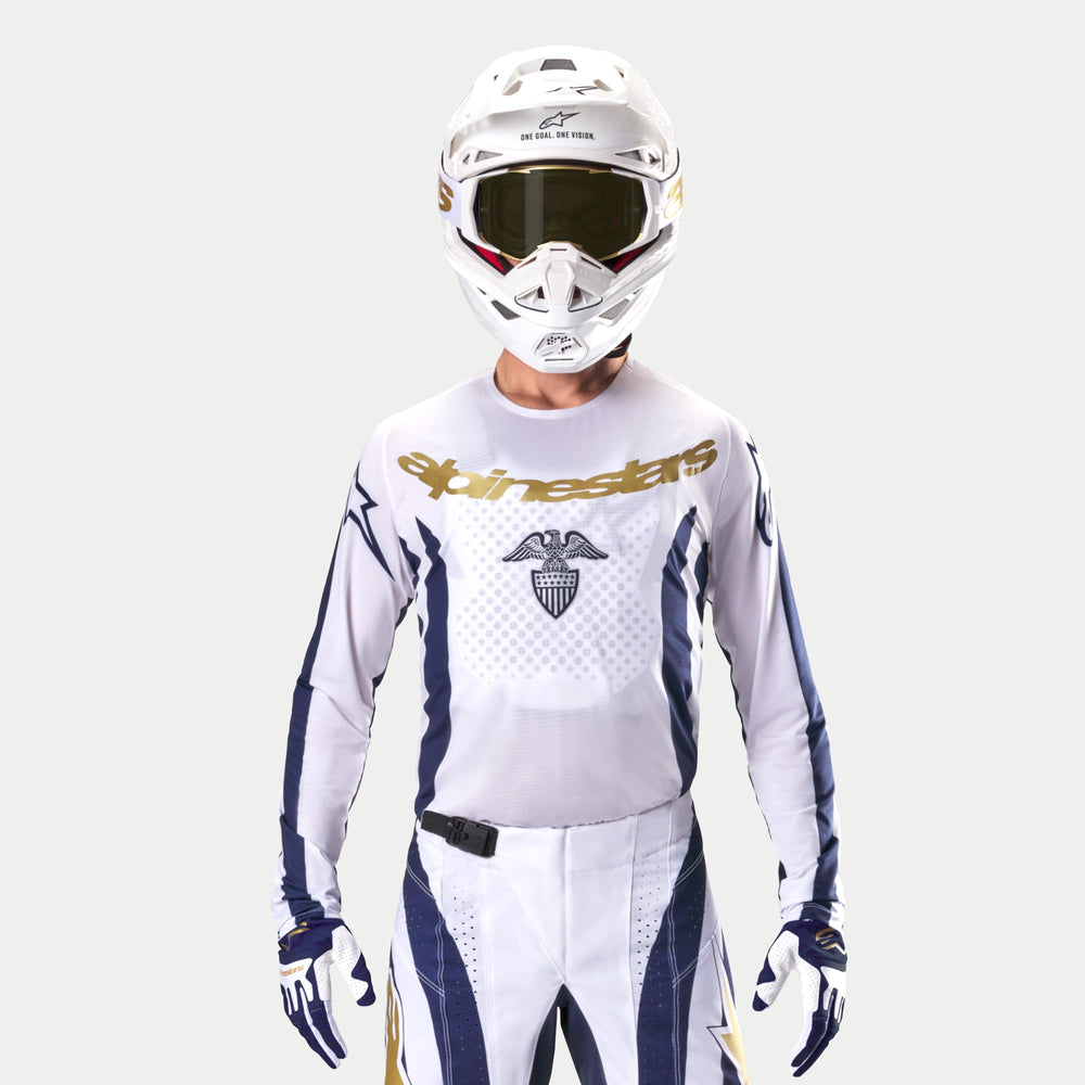 Alpinestars Techstar Dress Whites Tropical LE Jersey, Men's Motocross Jersey, White, Blue, and Gold with eagle chest graphic.