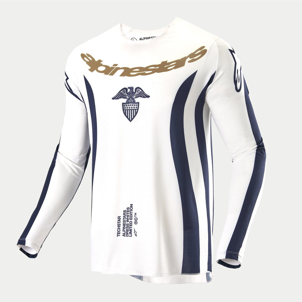 Alpinestars Techstar Dress Whites Tropical LE Motocross Jersey, White and Dark Blue with Gold logo details.