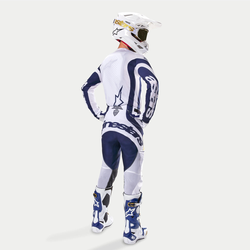 Alpinestars Techstar Dress Whites Tropical LE Jersey, Motocross Jersey, White and Dark Blue, Lightweight Mesh, Rear View.