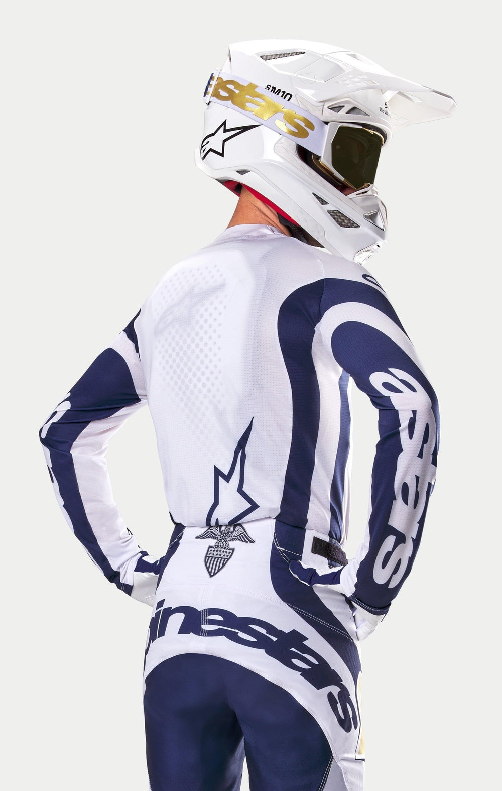 Alpinestars Techstar Dress Whites Tropical LE Jersey in white and dark blue for motocross racing with vented mesh panels.