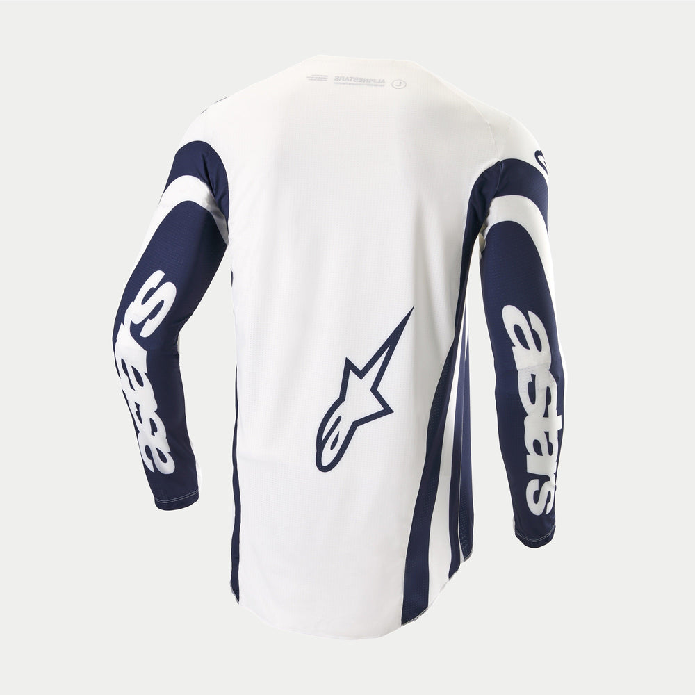 Alpinestars Techstar Dress Whites Tropical LE Jersey, rear view of white and blue motocross jersey with breathable mesh.