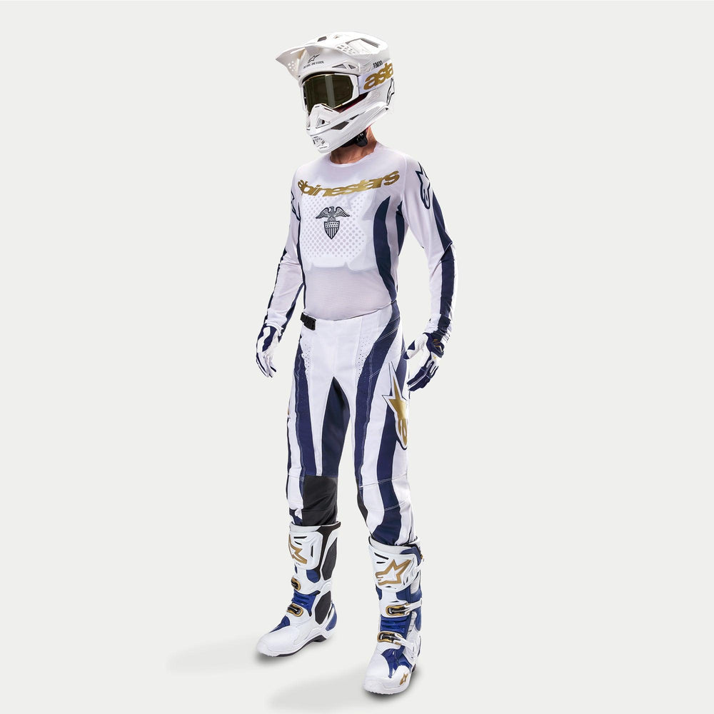 Alpinestars Techstar Dress Whites Tropical LE Pants, Motocross Racing Gear Set, Men's, White and Blue with Gold accents.