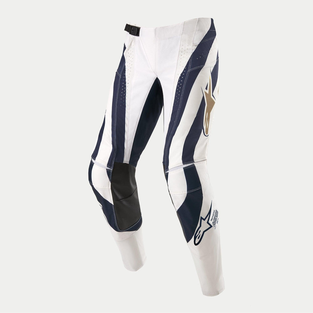 Alpinestars Techstar Dress Whites Tropical LE Motocross Pants, white and dark blue with gold, performance off-road gear.