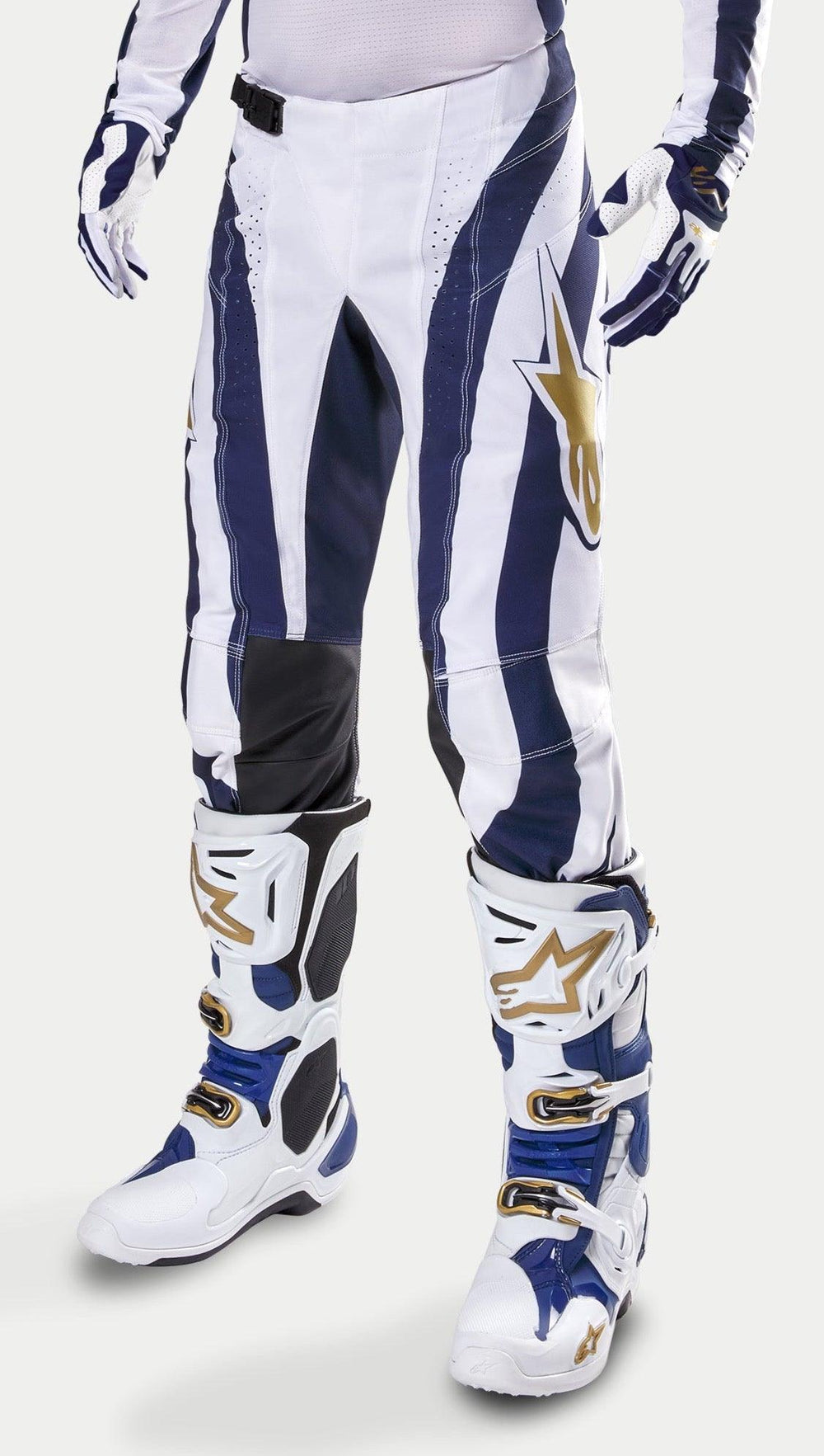 Alpinestars Techstar Dress Whites Tropical LE Pants, Motocross Racing Pants, White, Dark Blue and Gold, durable off-road gear.