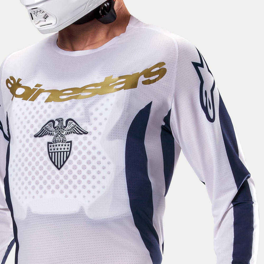 Alpinestars Techstar Dress Whites Tropical LE Motocross Jersey, white and gold chest detail with perforated mesh fabric.