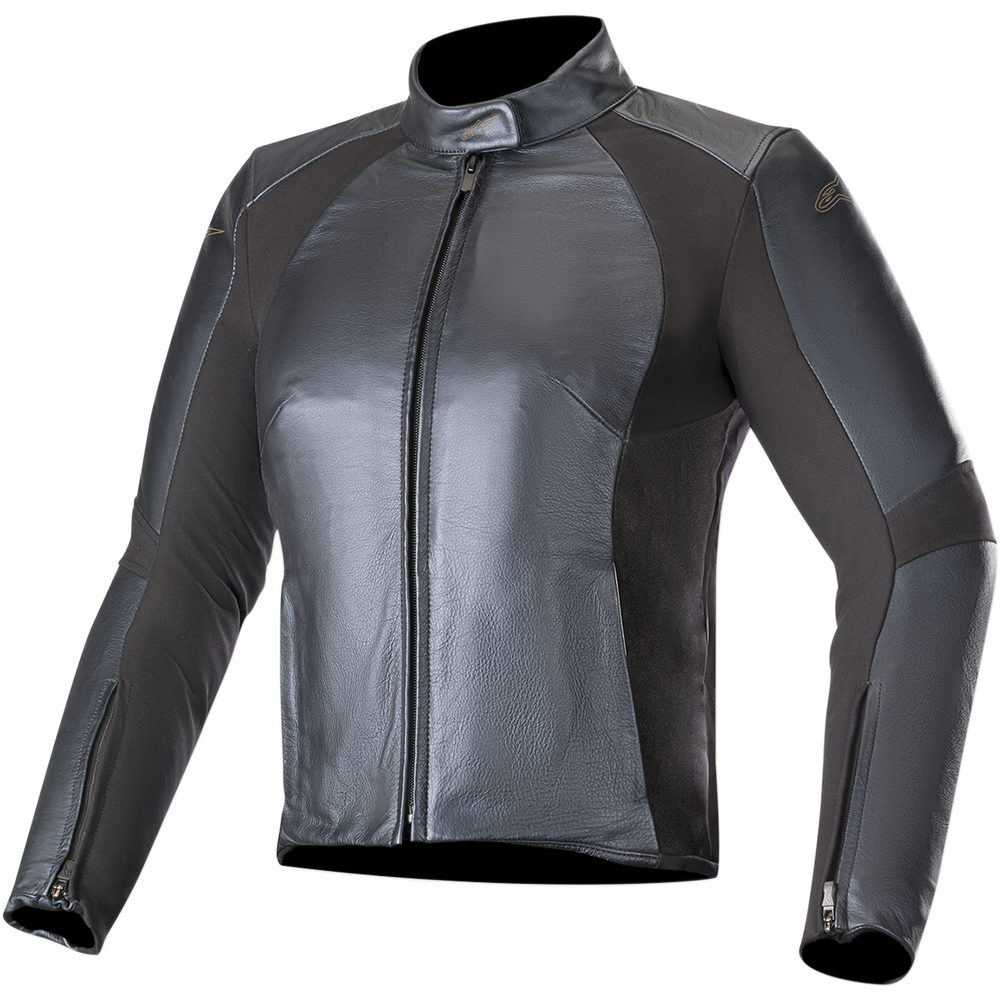 Alpinestars Stella Vika V2 Leather Jacket, Women's Motorcycle Jacket, Metallic Blue, sleek leather construction with matte aramid stretch panels, high collar, front zipper, tailored figure-hugging design