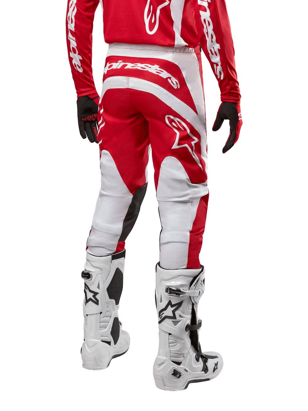 Alpinestars 2024 Fluid Lurv Pants, men's motocross gear in Mars Red and White, rear view showing ergonomic race fit.