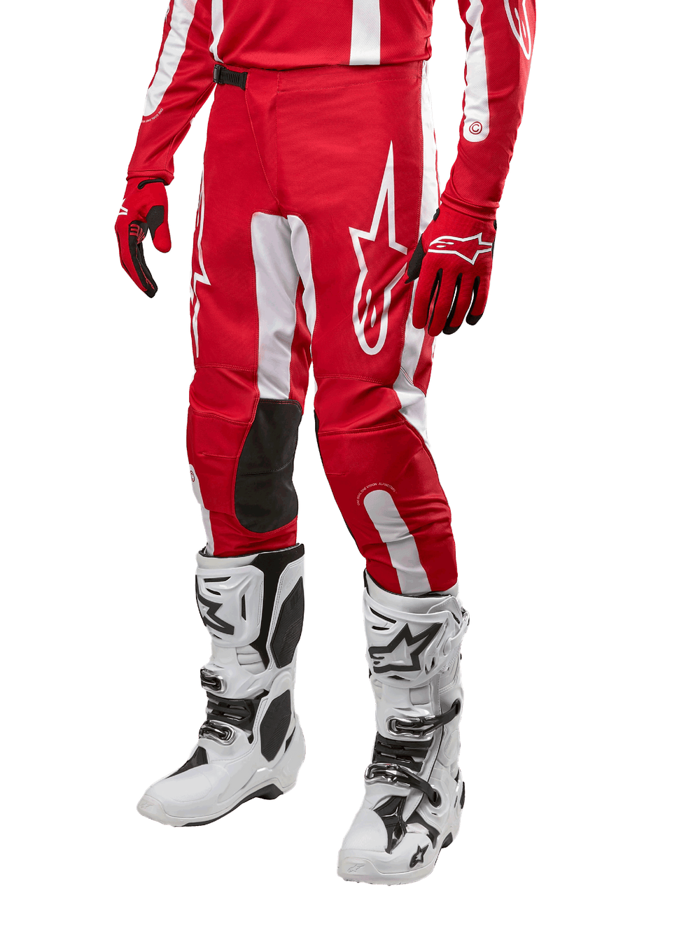 Alpinestars 2024 Fluid Lurv Pants, Men's Motocross Gear in Mars Red and White, featuring ergonomic poly-fabric construction.