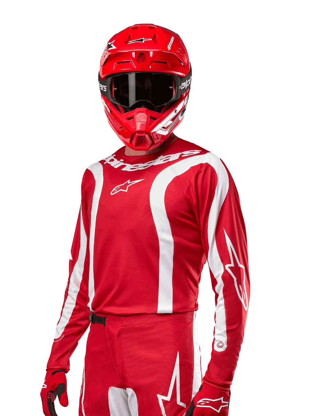 2024 Fluid Lurv Jersey, Motocross Racing Jersey, Mars Red and White, worn with matching red helmet and gloves, bold sporty design with white curved stripes and Alpinestars branding