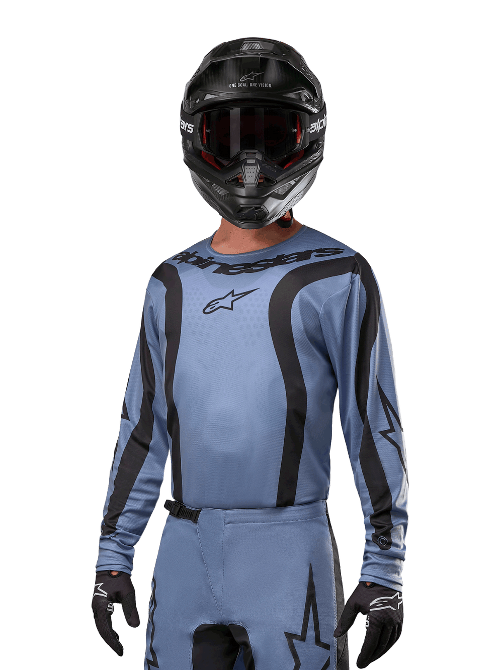 Motocross rider wearing Alpinestars 2024 Fluid Lurv Jersey, Light Blue and Black, paired with a black helmet and goggles, featuring bold black graphic accents and Alpinestars star logo, athletic performance gear for off-road racing