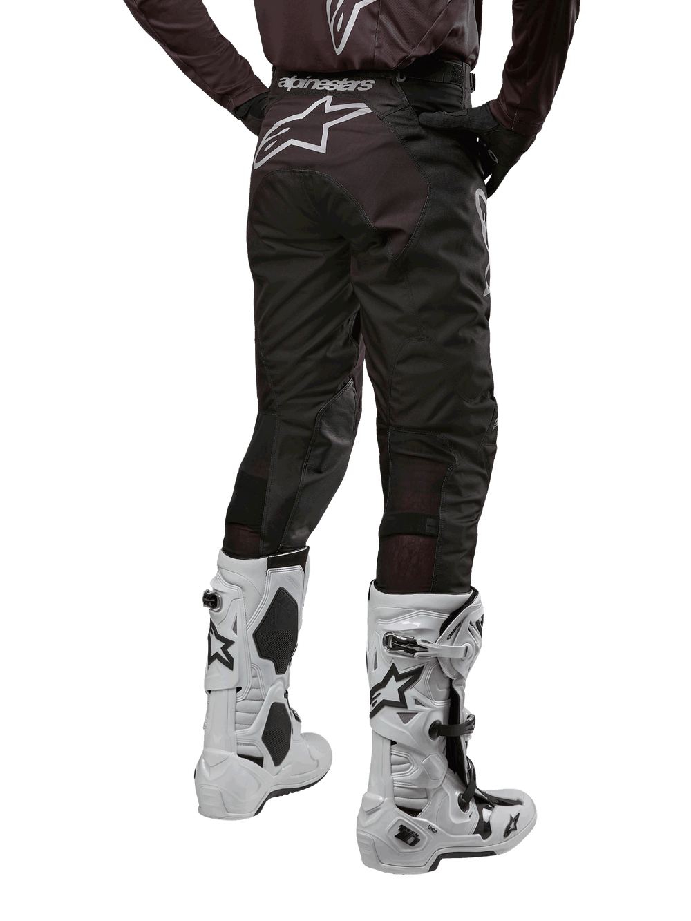 Alpinestars 2024 Racer Graphite Pants, Black Men's Motocross Pants with leather knee panels and pre-curved leg construction.