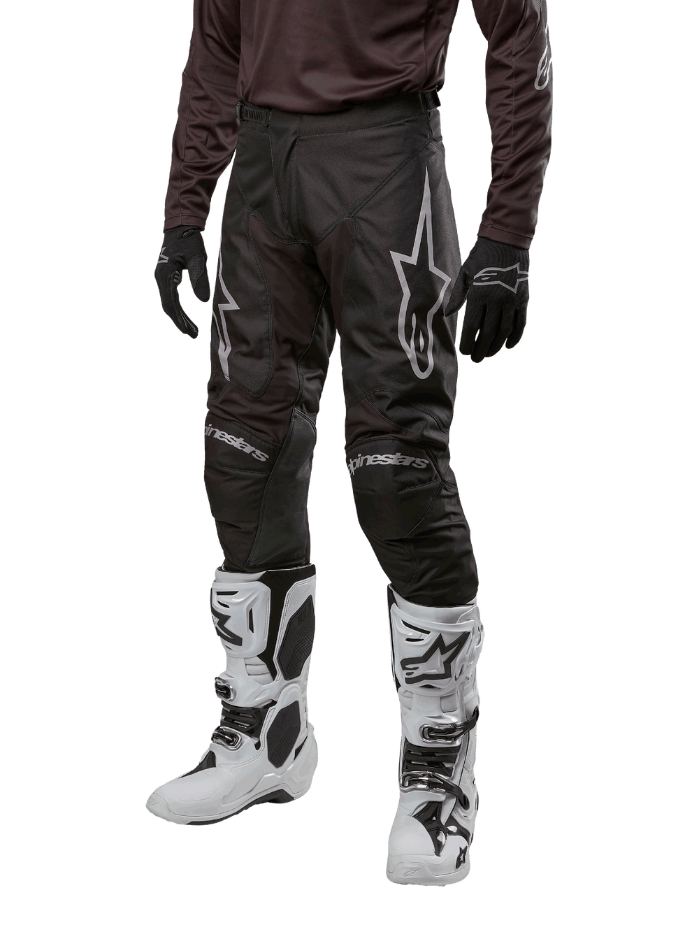 Alpinestars 2024 Racer Graphite Pants, black men's motocross gear with ergonomic stretch panels for off-road performance.