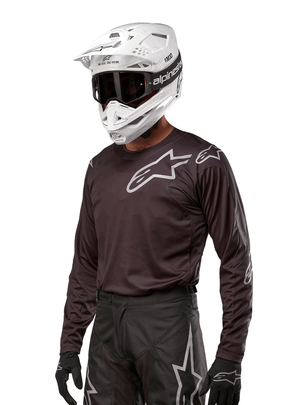 Alpinestars 2024 Racer Graphite Jersey, Men's Black Motocross Jersey with grey star logos and breathable technical mesh.