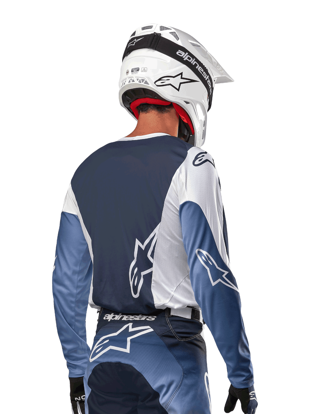 Alpinestars 2024 Racer Hoen Jersey, a white and navy men's motocross top, features moisture-wicking technical fabric.