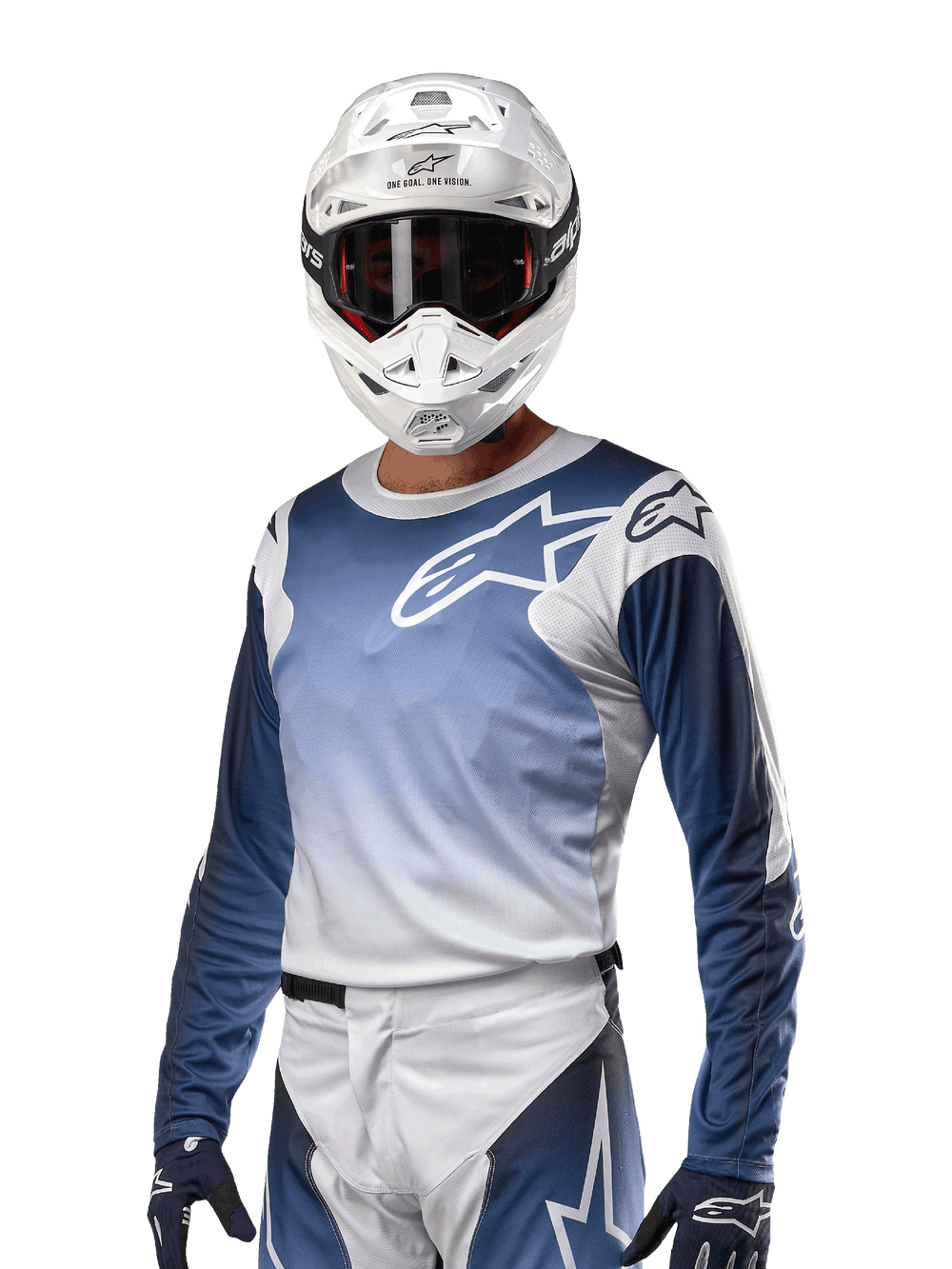 Alpinestars 2024 Racer Hoen Jersey, White and Dark Navy motocross top with moisture-wicking panels for off-road riding.