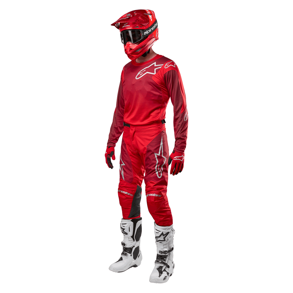 Alpinestars 2024 Racer Hoen Jersey, Motocross Gear Set, Men's, Mars Red and Burgundy, with White Racing Boots.