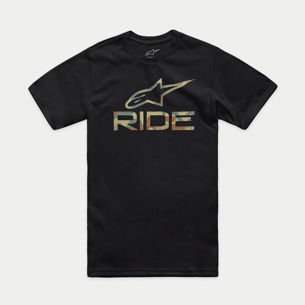 Alpinestars Ride 4.0 Camo CSF Tee, Short Sleeve T-Shirt, Black, Front Camouflage Fill Alpinestars Logo and RIDE Text, Casual Motorsport Streetwear