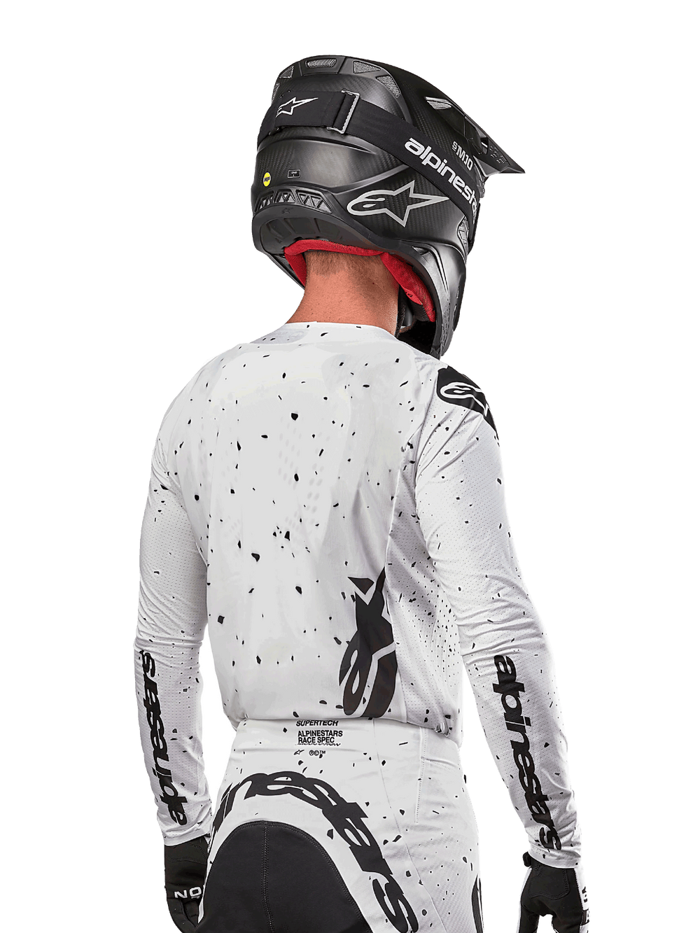 Alpinestars 2024 Supertech Spek Jersey, Men's Motocross Jersey, White and Black, back view with athletic fit and mesh.