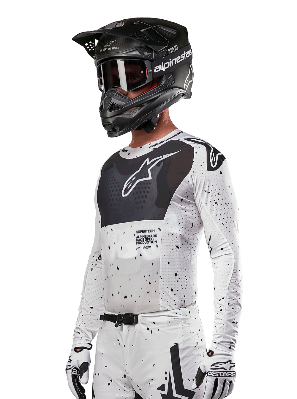 Alpinestars 2024 Supertech Spek Jersey, Men's Motocross Racing Jersey, White and Black with splatter graphic.
