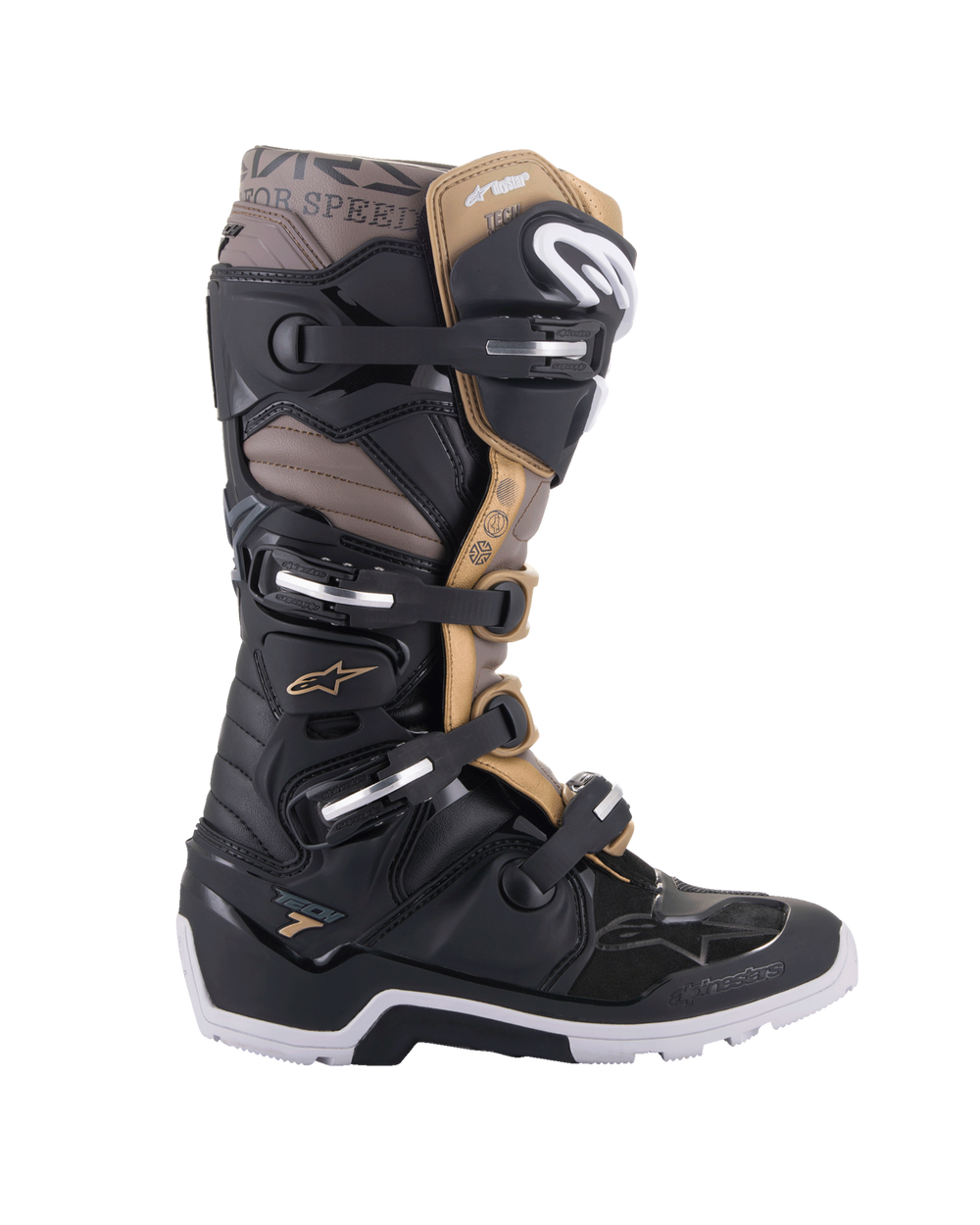 Alpinestars Tech 7 Enduro Drystar Boots, waterproof off-road motorcycle boots in black, gray, and gold with buckle system.