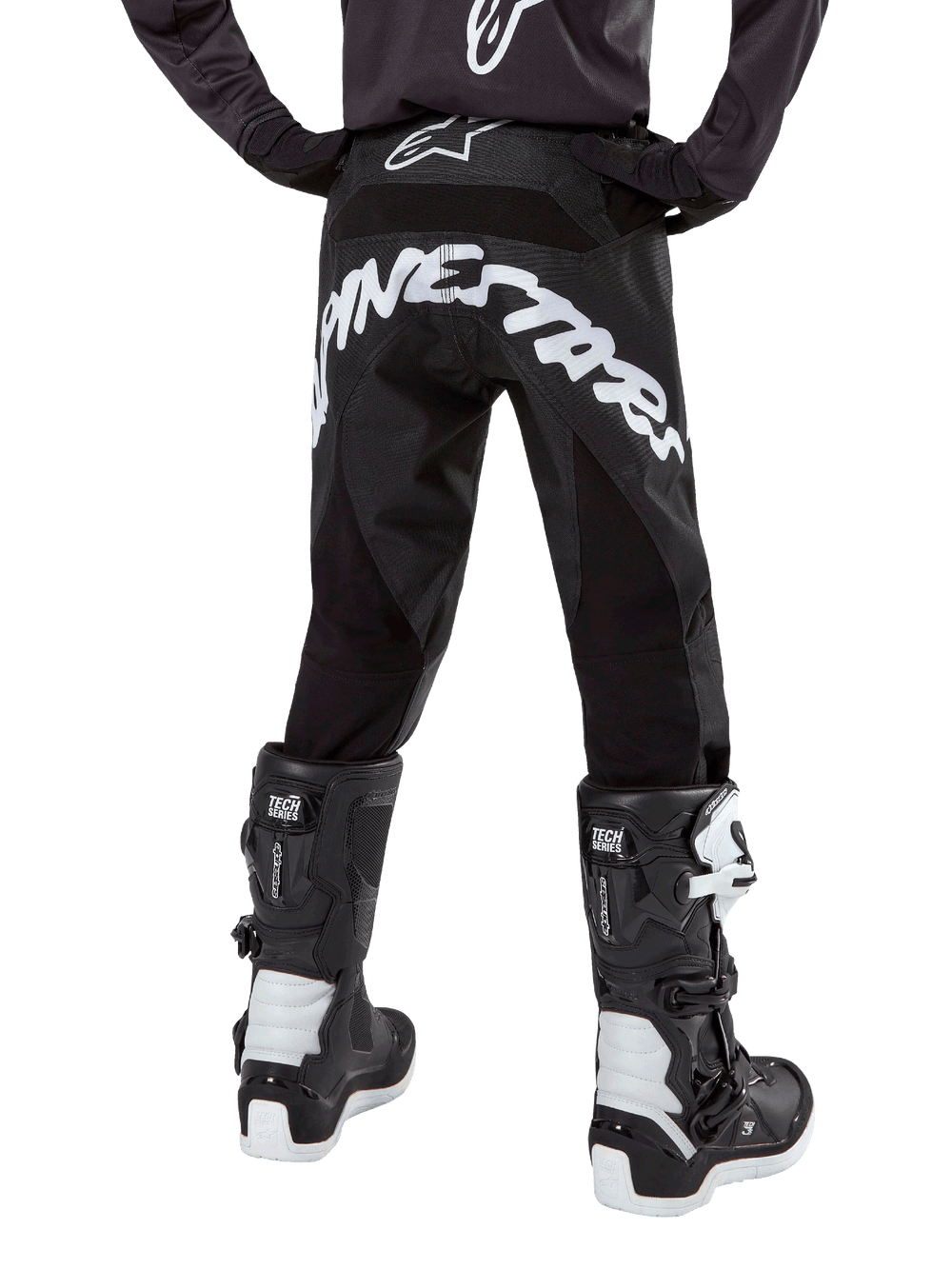 Alpinestars Youth 2024 Racer Hana Pants, black and white motocross pants, rear view with seat branding.