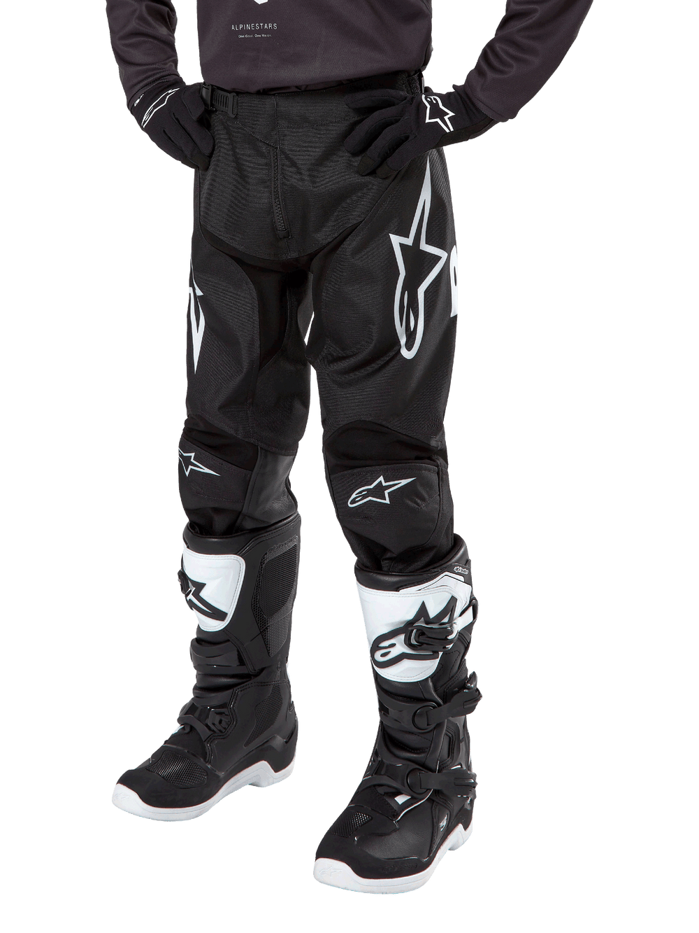Alpinestars Youth 2024 Racer Hana Pants, black and white off-road motocross gear with durable leather knee panels.